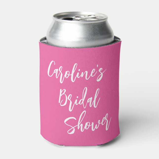 Modern Script Bridal Shower Custom Hot Pink Can Cooler (Can Front)