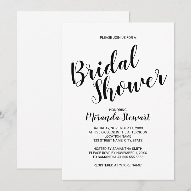 Modern Script Bridal Shower Invitation (Front/Back)
