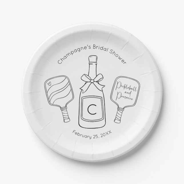 Modern Script Bridal Shower Pickleball & Prosecco Paper Plate (Front)