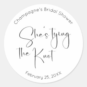 Modern Script Bridal Shower She's Tying the Knot Classic Round Sticker