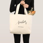 Modern Script Bridesmaid Name Large Tote Bag<br><div class="desc">Surprise your bridesmaids with personalised bridal party gifts and use this tote bag to bundle all together. This stylish modern and minimalist tote bag features your name of choice in a modern calligraphy style script and "Bridesmaid" in a clean font.</div>