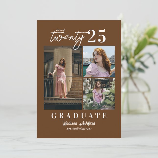 Modern Script Brown 3 Photo Collage Graduation Announcement (Standing Front)