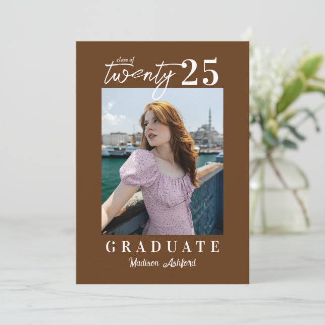 Modern Script Brown Photo Graduation Party Invitation (Standing Front)