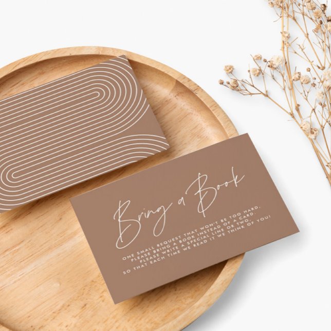 Modern script brown tan baby shower bring a book  card (Creator Uploaded)