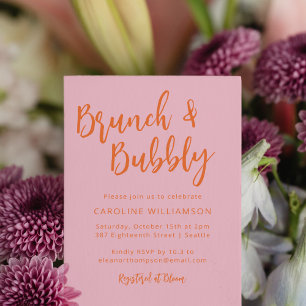 Modern Script Brunch Bubbly Shower Pink Orange Invitation