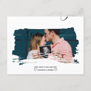 Modern script brush typography photo pregnancy announcement postcard