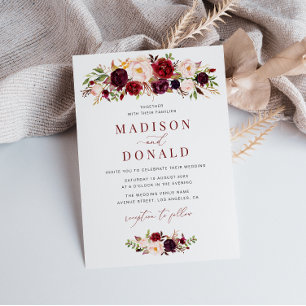Modern script burgundy and blush floral wedding invitation