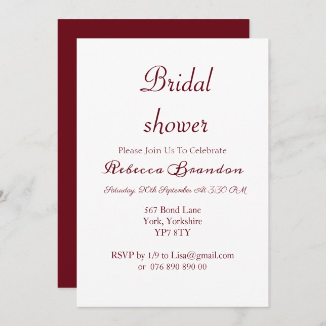 Modern Script Burgundy Bridal Shower Invitation (Front/Back)