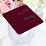 Modern Script Burgundy Gold Wedding Square Paper Coaster<br><div class="desc">These simple,  modern wedding coaster favours feature gold-coloured text aligned to the right margin on a burgundy background. Add the couple's names in stylish handwriting calligraphy.</div>