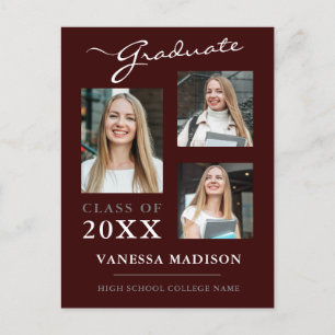 Modern Script Burgundy Graduate Announcement Postcard