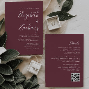 Modern Script Burgundy QR Code Wedding Invitation
