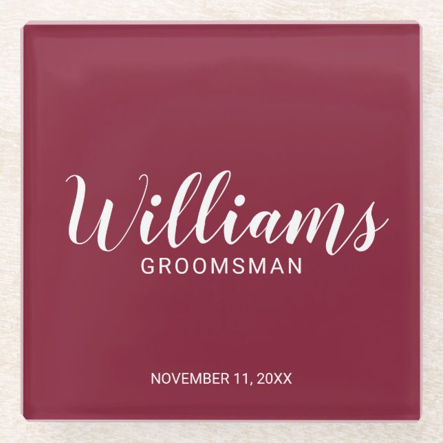 Modern Script Burgundy Red Personalised Groomsman Glass Coaster (Front)