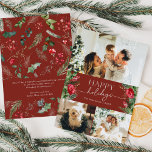 Modern Script Burgundy Red Winter Foliage Photo Holiday Card<br><div class="desc">This collection features watercolor red florals,  berries & winter greenery with modern & elegant typography,  with a winter botanical pattern back.</div>