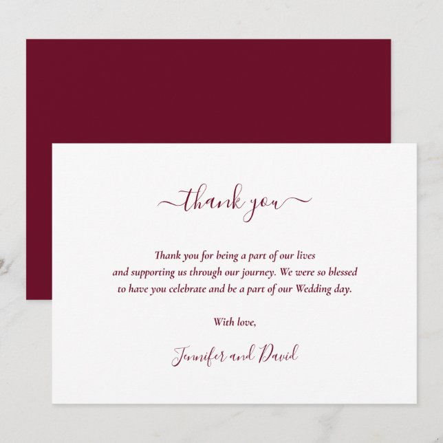 Modern Script Burgundy Wedding Thank You Card (Front/Back)