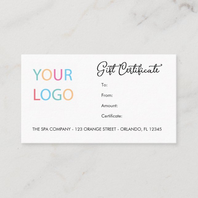 Modern Script Business Gift Certificate With Logo (Front)
