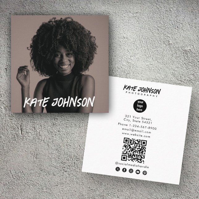Modern Script Business Logo Photographer Photo Square Business Card (Modern Script Business Logo Photographer Photo Square Business Card)