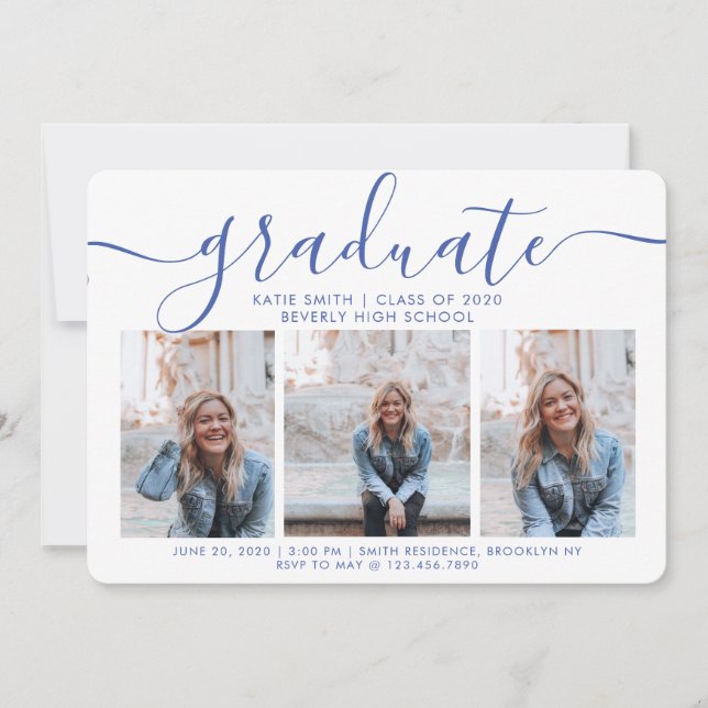 Modern Script Caliigraphy 3 Photo Graduation Invitation (Front)