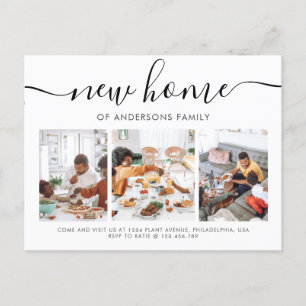 Modern Script Calligraphy 3 Photo New Home Moving Announcement Postcard