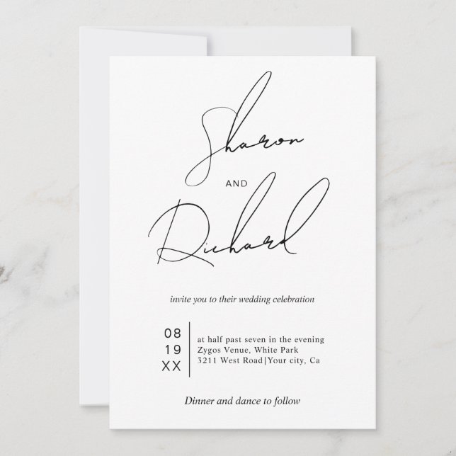 Modern script calligraphy black white QR wedding Invitation (Front)
