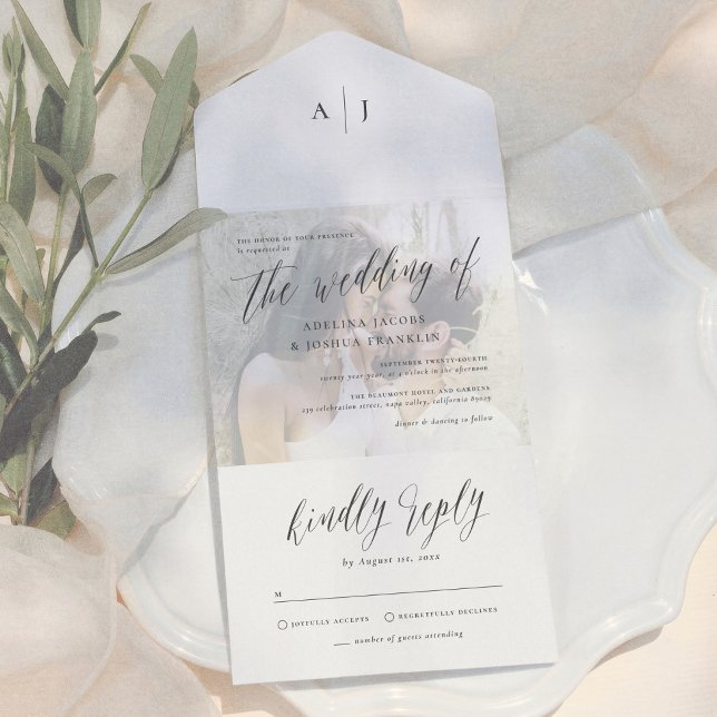 Modern Script Calligraphy Engagement Photo Wedding All In One Invitation (Creator Uploaded)