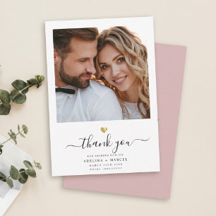 Modern Script Calligraphy Gold Heart Wedding Photo Thank You Card