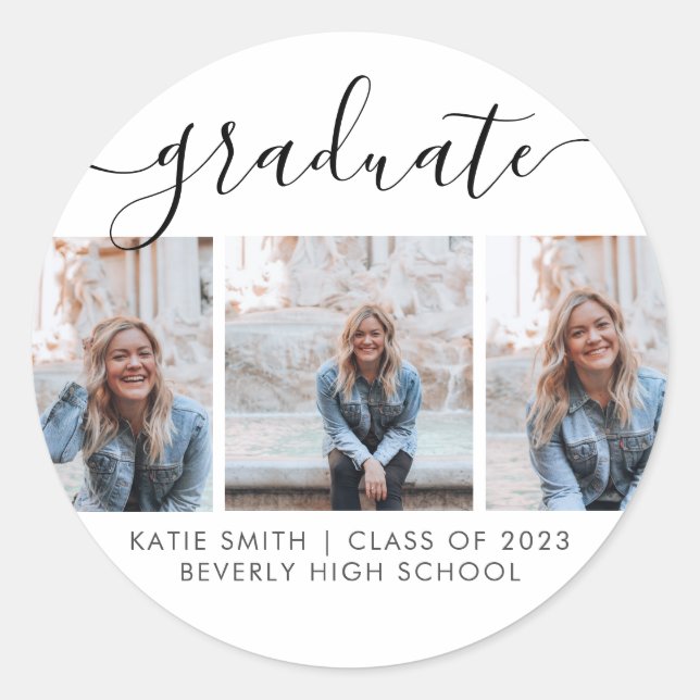 Modern Script Calligraphy Graduation 3 Photo Classic Round Sticker (Front)