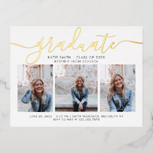 Modern Script Calligraphy Graduation 3 Photo Invit Foil Holiday Postcard