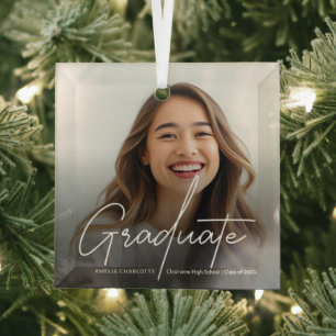 Modern Script Calligraphy Graduation Photo Glass Tree Decoration