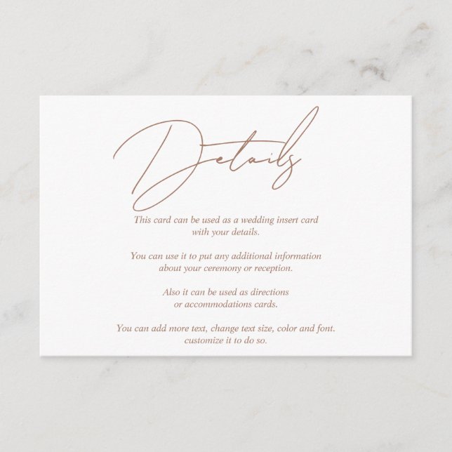 Modern script calligraphy mocha and white wedding enclosure card (Front)