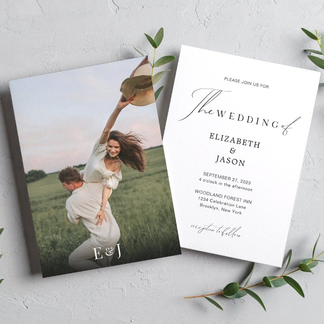 Modern Script Calligraphy Monogram Photo Wedding Invitation (Creator Uploaded)