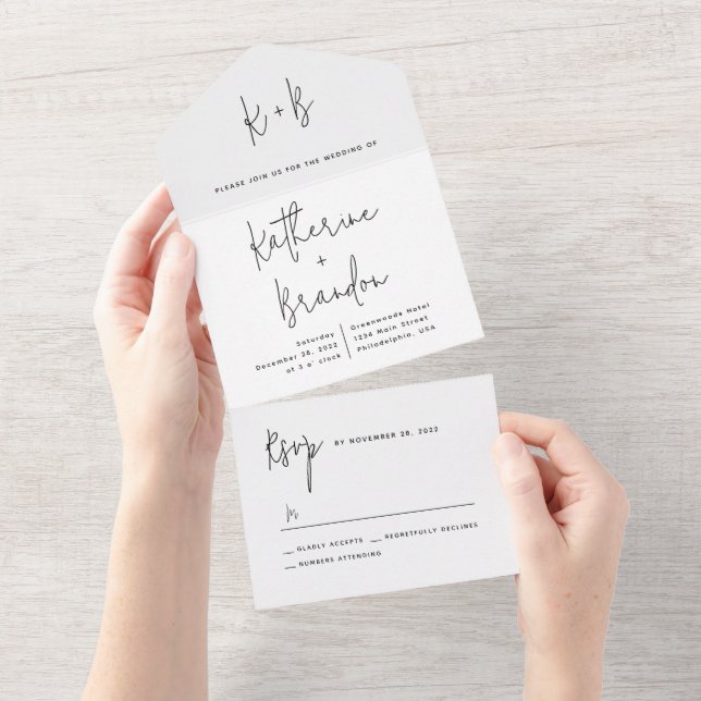 Modern Script Calligraphy Monogram Wedding All In One Invitation (Tearaway)