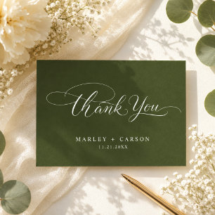 Modern Script Calligraphy Olive Green Wedding Thank You Card