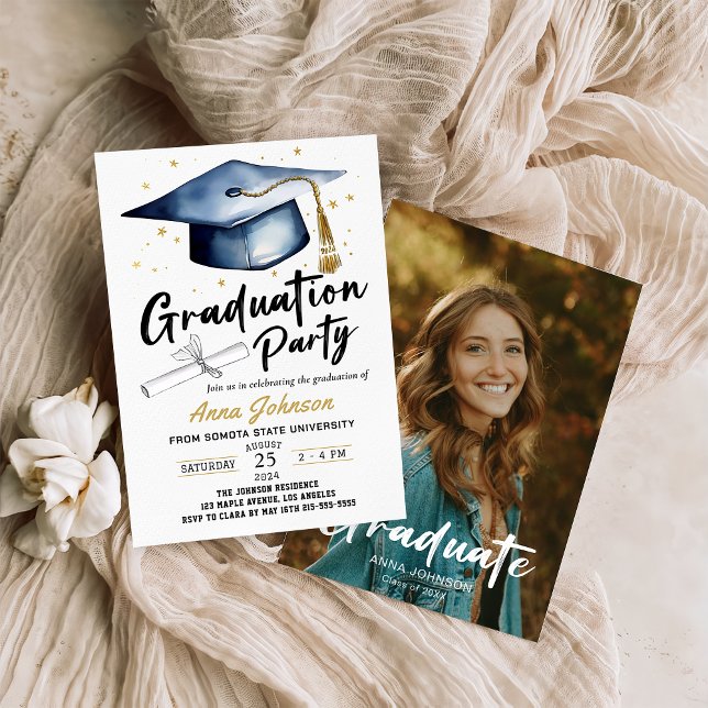 Modern Script Calligraphy Photo Graduation Party Invitation (Creator Uploaded)