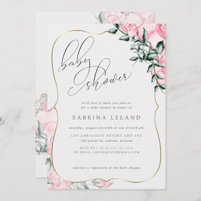Modern Script Calligraphy Pink Rose Baby Shower Invitation (Front/Back)