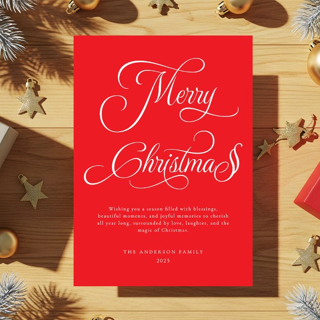 Modern Script Calligraphy Red Merry Christmas Holiday Card (Creator Uploaded)