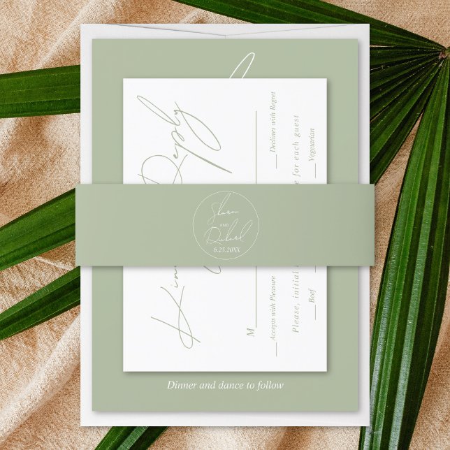 Modern script calligraphy sage green wedding invitation belly band (Creator Uploaded)