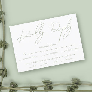 Modern script calligraphy sage green white wedding RSVP card