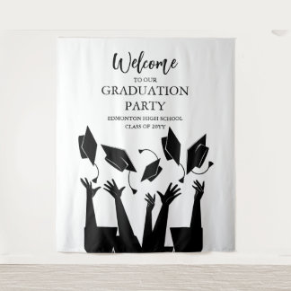 Modern Script Cap Toss White Graduation Party Tapestry