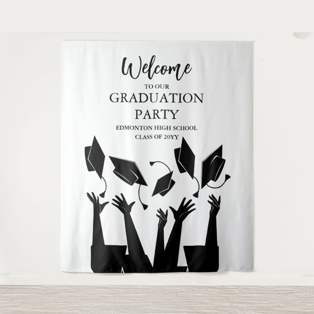 Modern Script Cap Toss White Graduation Party Tapestry (Front)