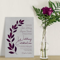 Modern Script Cassis Purple Leaves on Grey Wedding