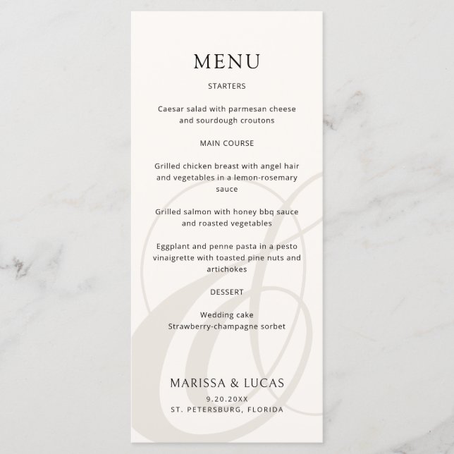Modern Script Champagne Ampersand Wedding Menu (Front)