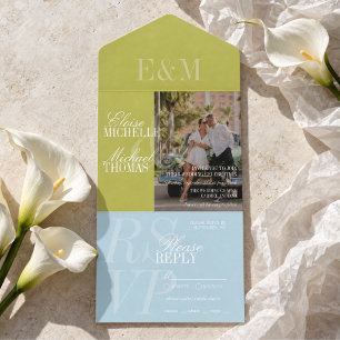 Modern Script Chartreuse and Blue Wedding All In One Invitation
