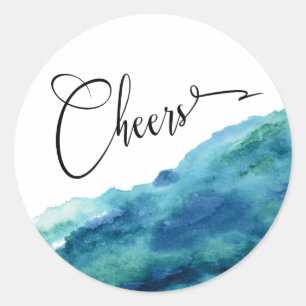 Modern Script Cheers, Blue Green Aqua Watercolor Classic Round Sticker