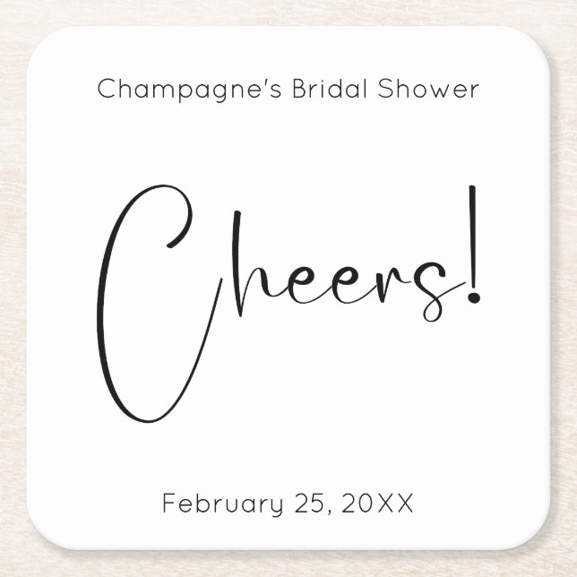 Modern Script Cheers Bridal Shower Square Paper Coaster (Front)