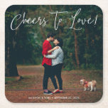 Modern Script Cheers To Love Photo Wedding  Square Paper Coaster<br><div class="desc">Cheers to love! A modern but cute wedding paper coaster for your wedding reception,  wedding party or engagement party. Customise it with your own photo of choice. The colour of all font elements can be changed to fit your photo!</div>