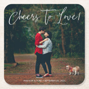 Modern Script Cheers To Love Photo Wedding  Square Paper Coaster