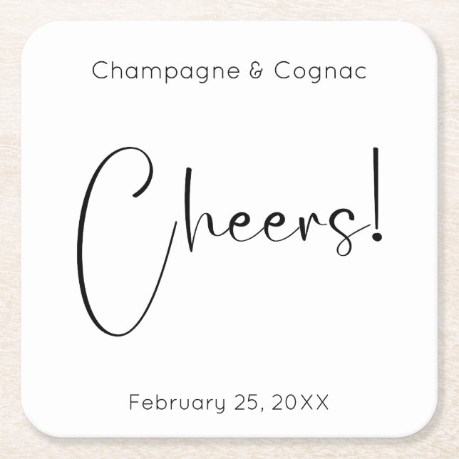 Modern Script Cheers Wedding Shower Square Paper Coaster (Front)