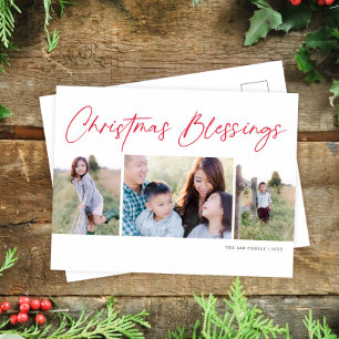 Modern Script Christmas Blessings Three Photo Holiday Postcard