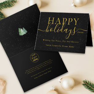 Modern Script Christmas Business Logo Black & Gold Holiday Card