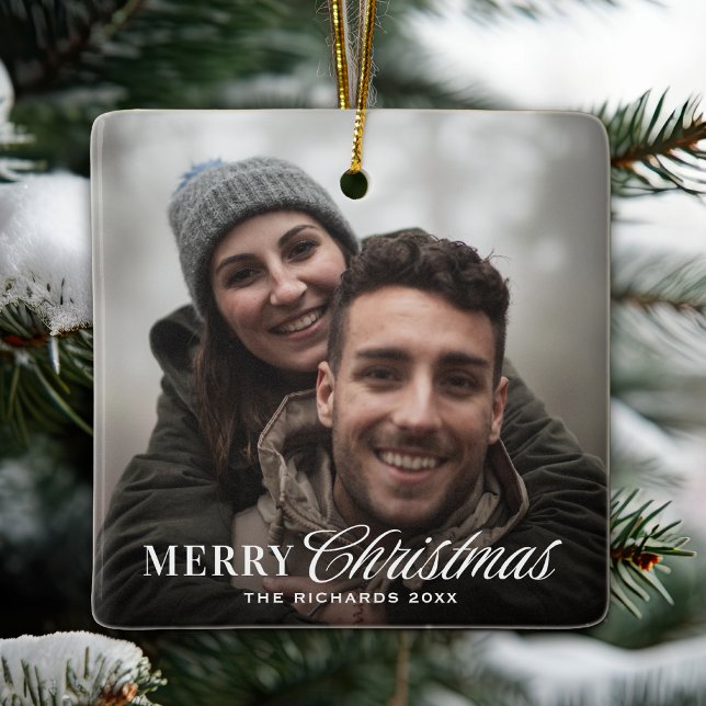 Modern Script Christmas Couple Photo Ceramic Ornament (Add your favorite photo, design repeats on front and back of metallic and ceramic ornaments.)